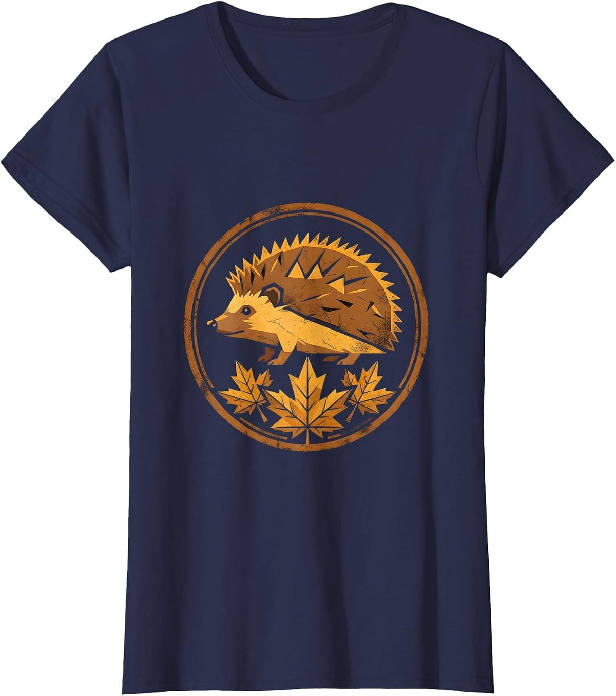 Women's Hedgehog in Autumn Leaves Fall Illustration T-Shirt - Navy Blue