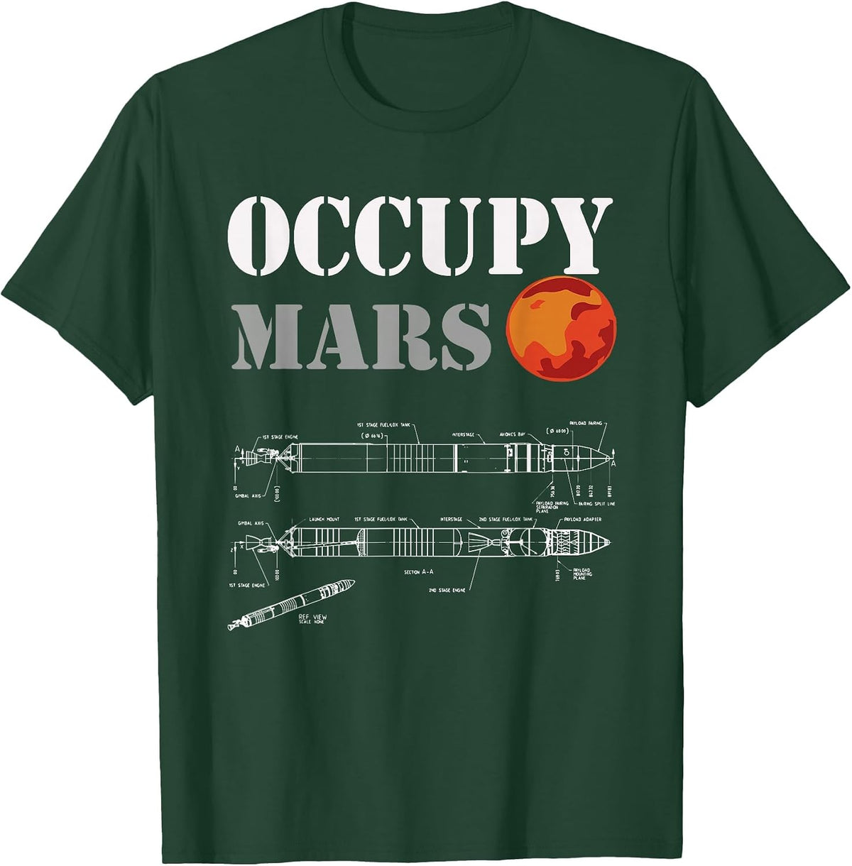 Occupy Mars - Rocket Blueprint Mans Woman's Kids T-Shirt - Dark Green