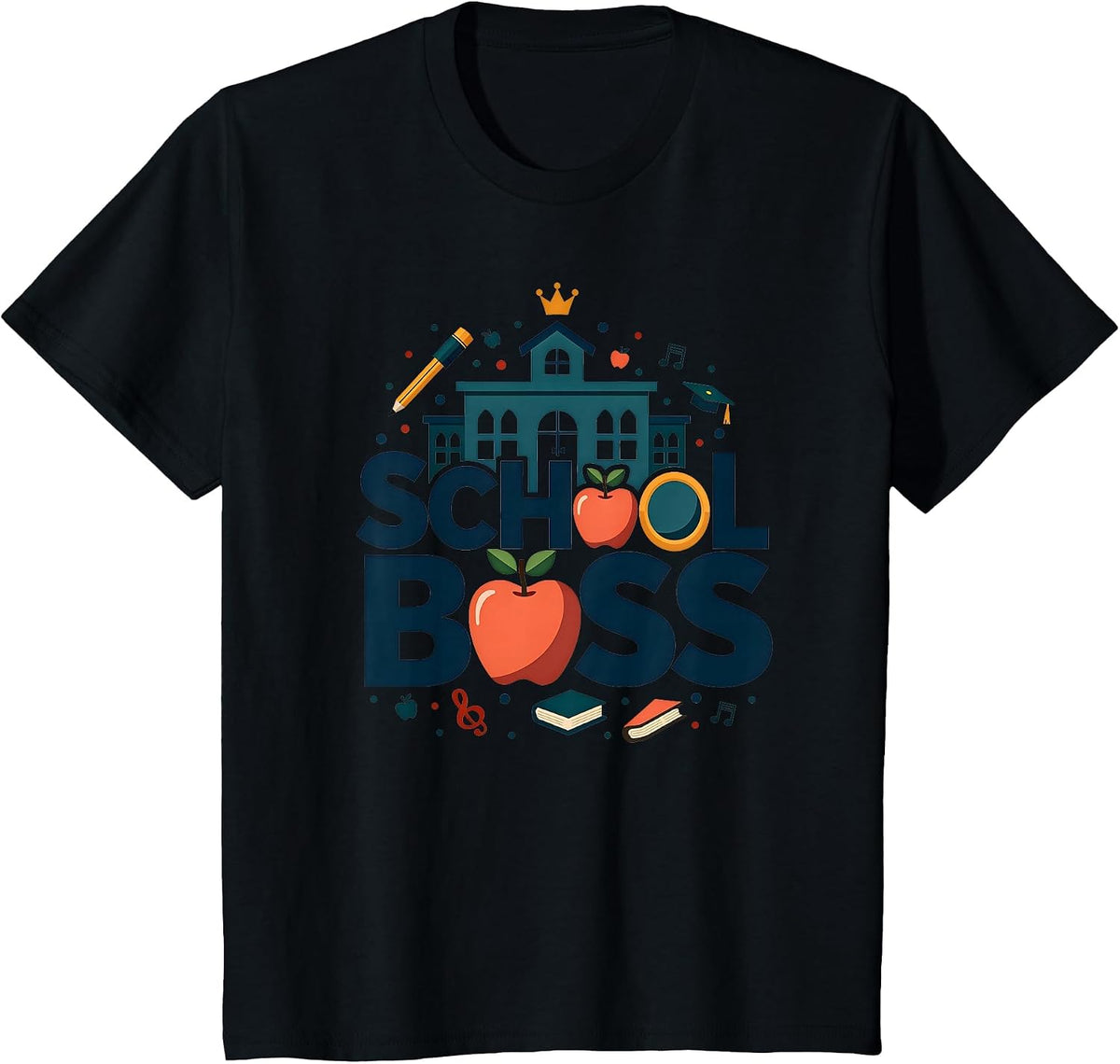 School Boss Principal Leadership Education Apple Crown T-Shirt - Black
