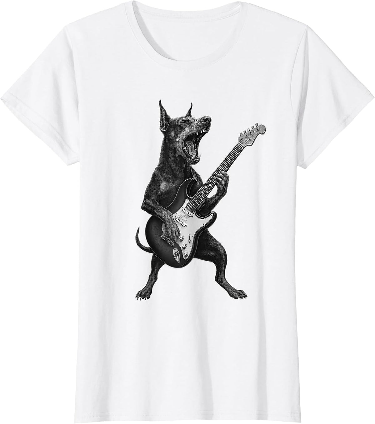 Doberman Pinscher Playing Guitar Rock Music Dog Lover T-Shirt - White