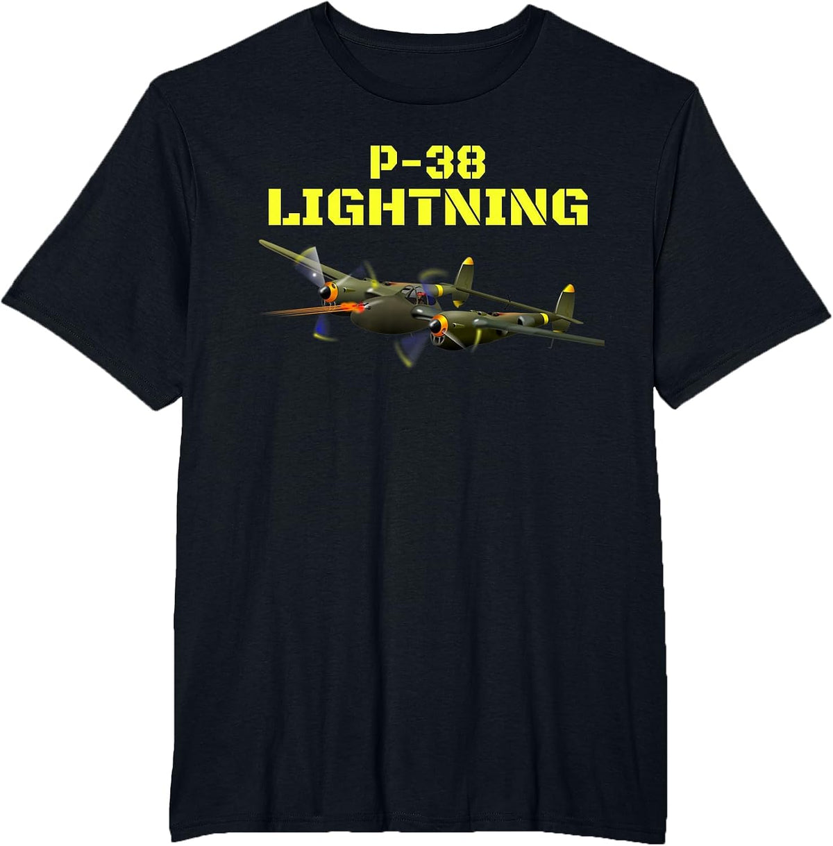 The Great Twin Engine, P-38 Lightning Aviation t-Shirt. T-Shirt - Black