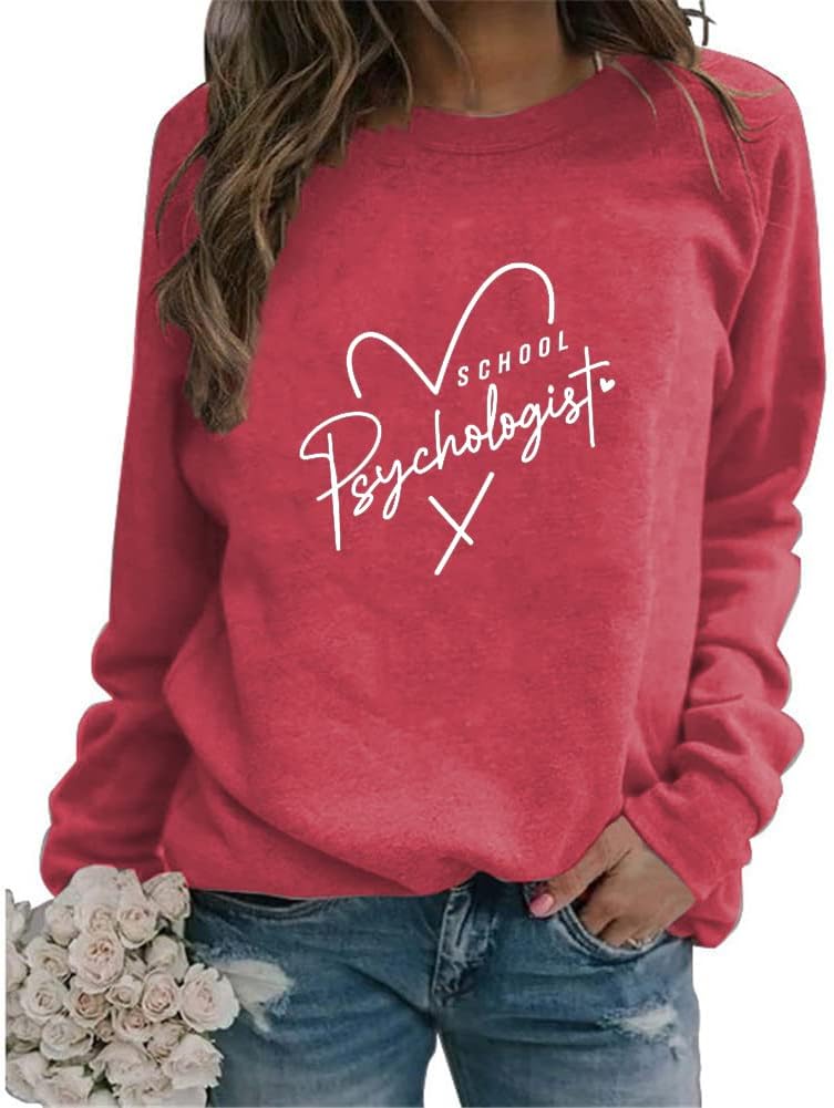 School Psychologist Sweatshirt Women Long Sleeve Crewneck Loose Pullover Funny Teacher Gift Trendy Fall Blouse Top - Red