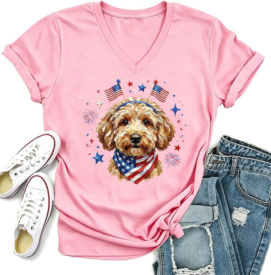 USA Goldendoodle Dog Shirt Goldendoodle 4th of July Patriotic Golden Doodle Dog T-Shirt - V-Neck Pink-2