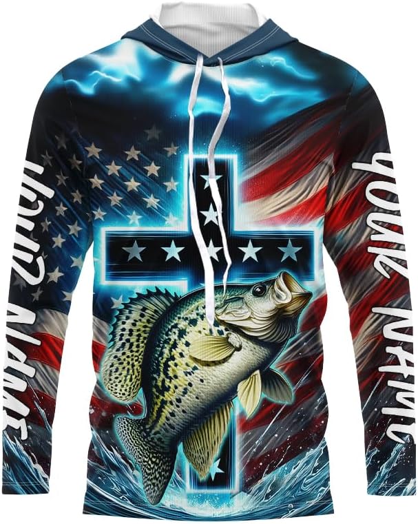 Custom Faith Crappie Patriotic Long Sleeve Tournament Fishing Shirt, Crappie Fishing Jersey - Long Sleeves Hooded Upf