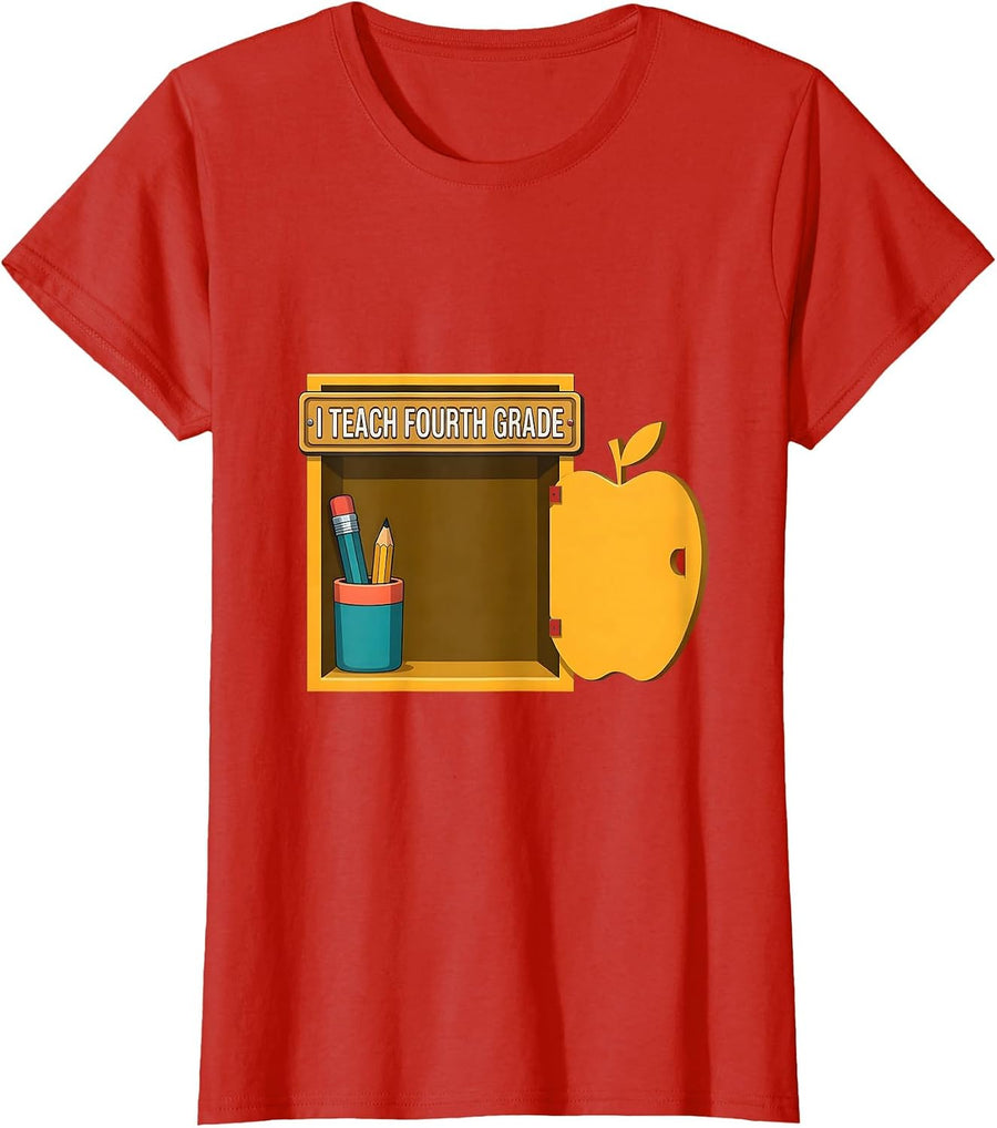 Women's I Teach Fourth Grade Flat Vector Teacher Appreciation Back T-Shirt - Red