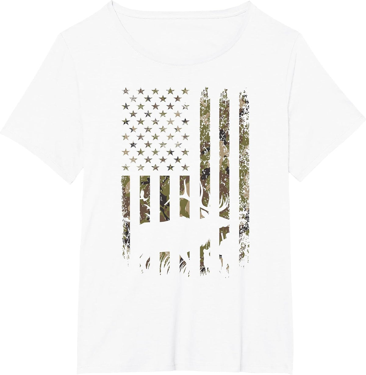Outdoor Antlers Deer American Flag Camouflage T-Shirt - White