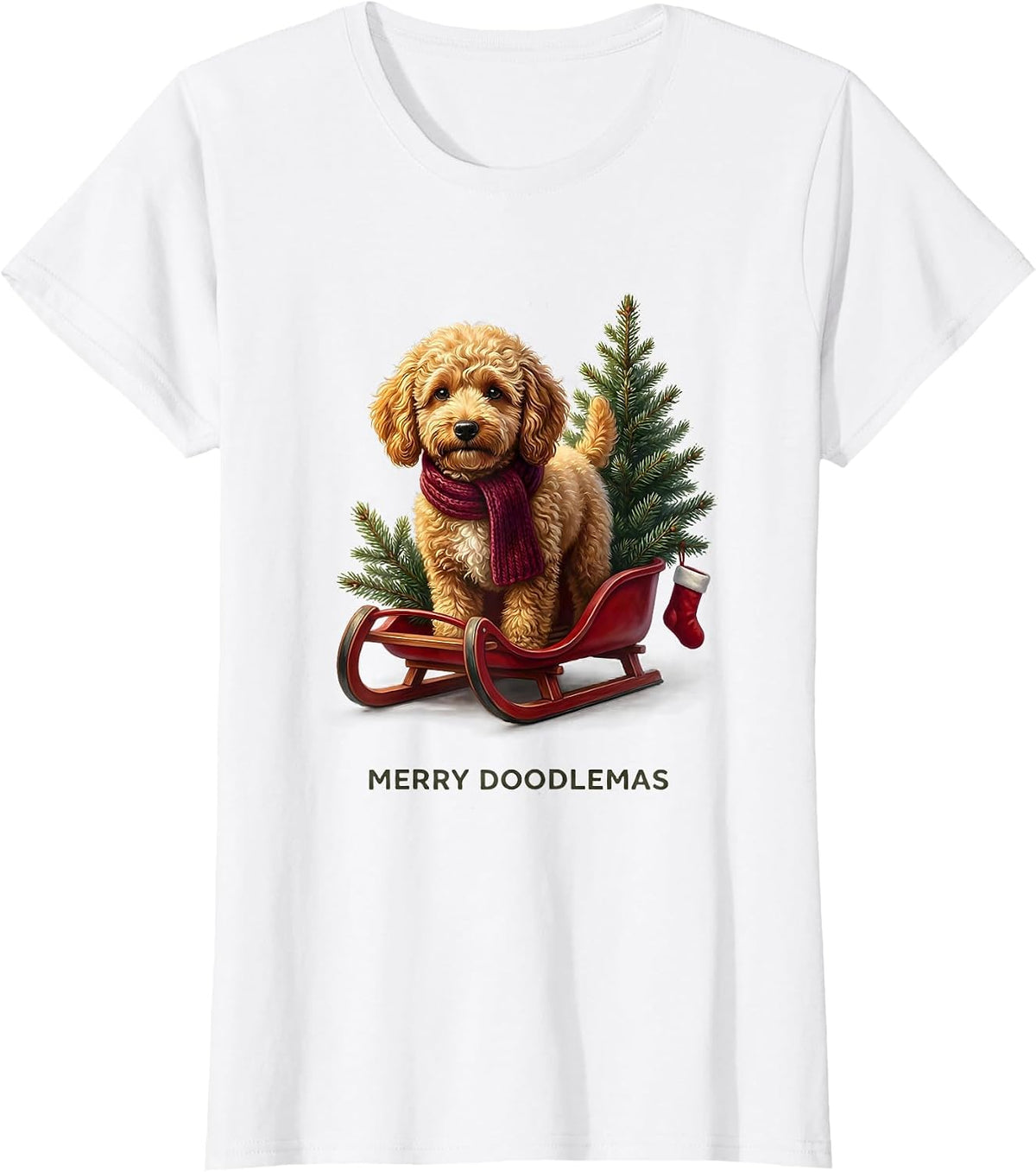 Merry Doodlemas Fluffy Goldendoodle Holiday Pajama Gift T-Shirt - White