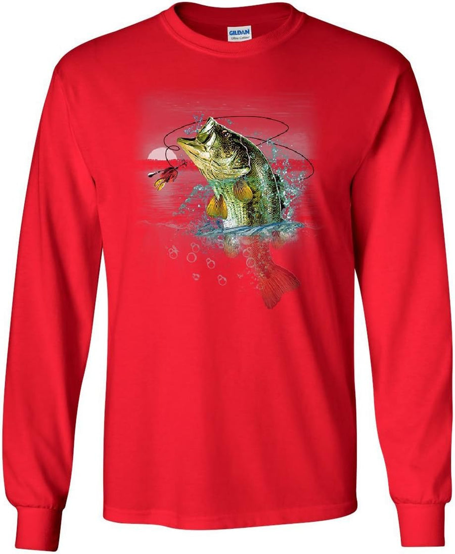 Bass Fishing Long Sleeve T-Shirt Fisherman Camping Hobby Angler Lake River Tee - Red