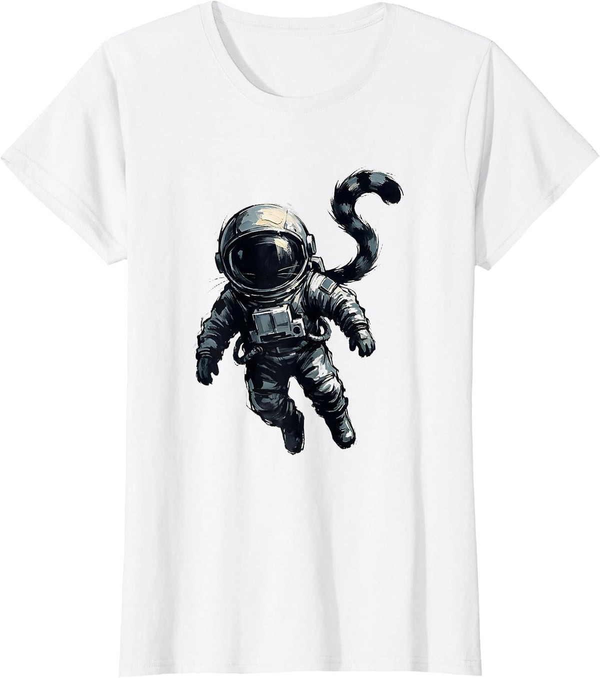Women's Cat Astronaut Floating in Deep Space Graphic T-Shirt - White