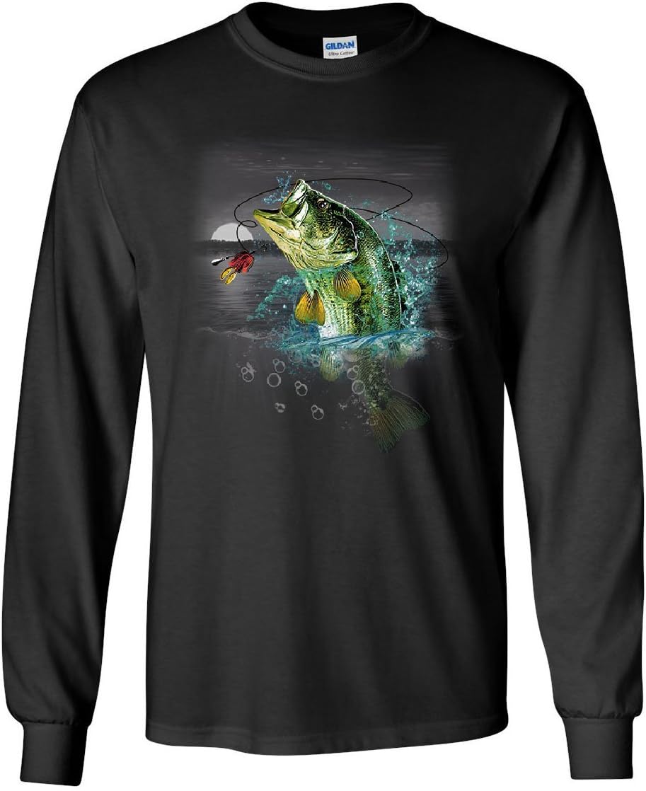 Bass Fishing Long Sleeve T-Shirt Fisherman Camping Hobby Angler Lake River Tee - Black