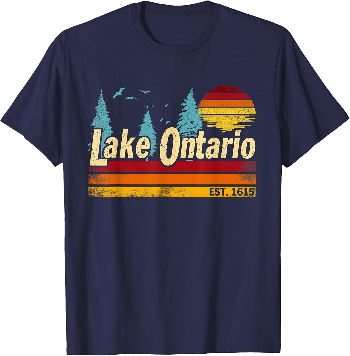 Lake Ontario T-Shirt Men Women Vintage Sunset Tees Retro EST 1615 Graphic Tee - Navy Blue