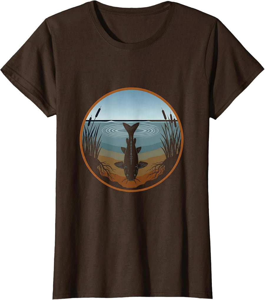 Women's Catfish Lurking in Murky River Depths T-Shirt - Brown