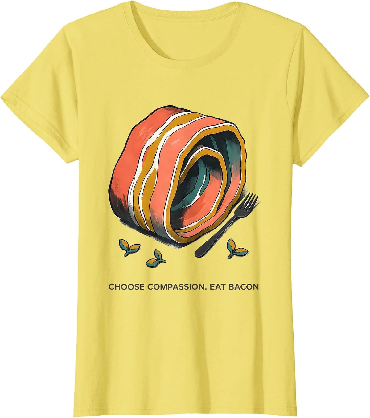 Women's Choose Compassion Eat Bacon Midcentury Modern Carnivore Diet T-Shirt - Lemon Yellow