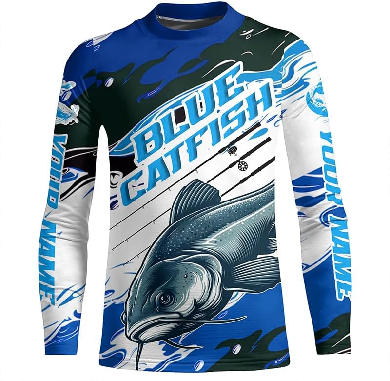 Custom Blue Catfish Fishing Jerseys, Catfish Long Sleeve Tournament Fishing Shirts | Blue Camo - Kid Long Sleeves Upf
