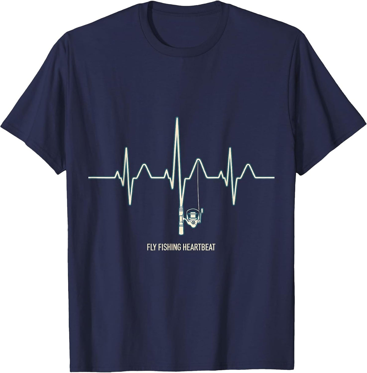 Fly Fishing Heartbeat EKG Pulse Rod and Reel Hobbyist Gift T-Shirt - Navy Blue