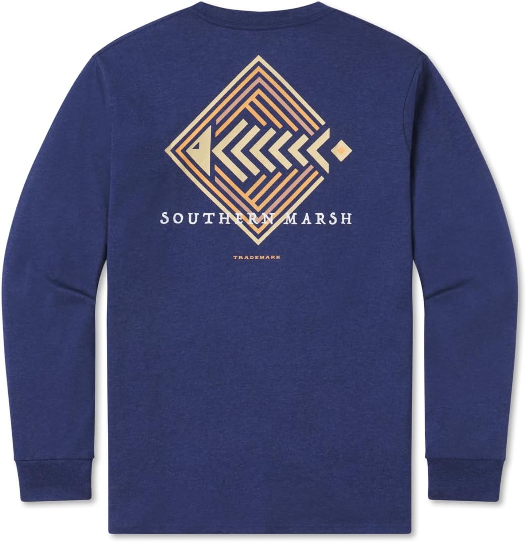 Southern Marsh Men’s Aztec Catch T-Shirt – Long Sleeve Casual Graphic Tee - Washed Navy