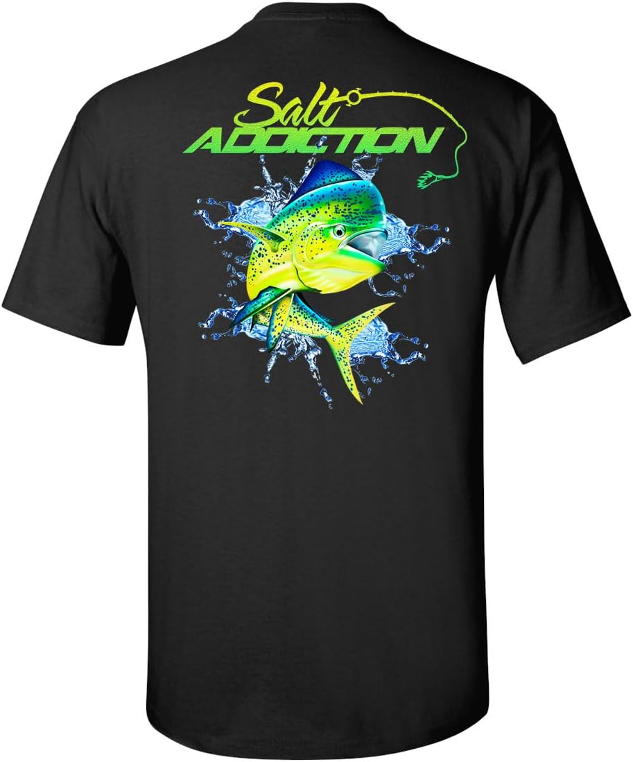 Salt Addiction Dolphin Saltwater Fishing Men's Short Sleeve T-Shirt, Multicolor, S-5XL, Cotton and 50/50 - Black