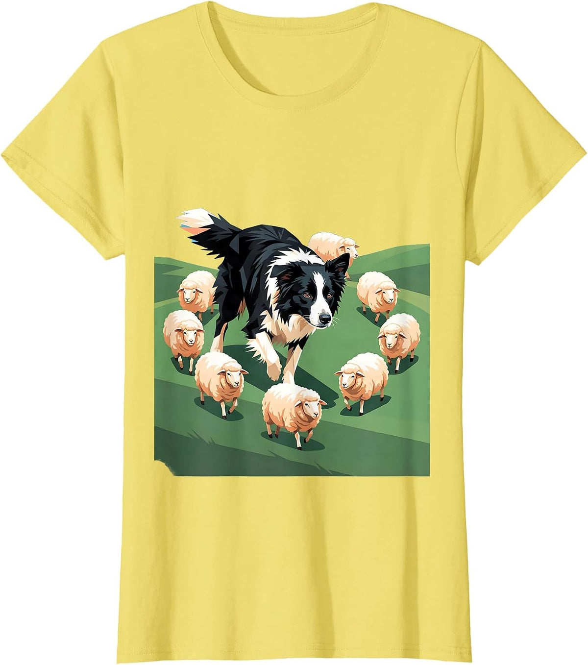 Women's Border Collie Herding Sheep Graphic Design T-Shirt - Lemon Yellow