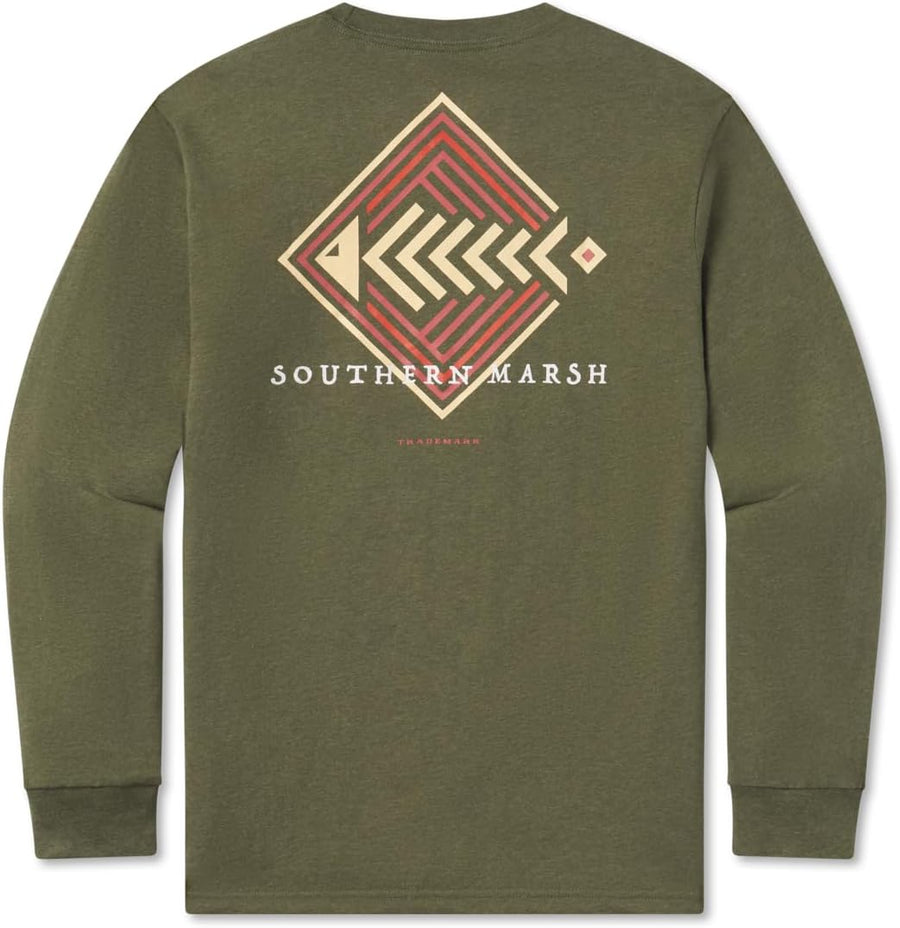 Southern Marsh Men’s Aztec Catch T-Shirt – Long Sleeve Casual Graphic Tee - Washed Dark Green