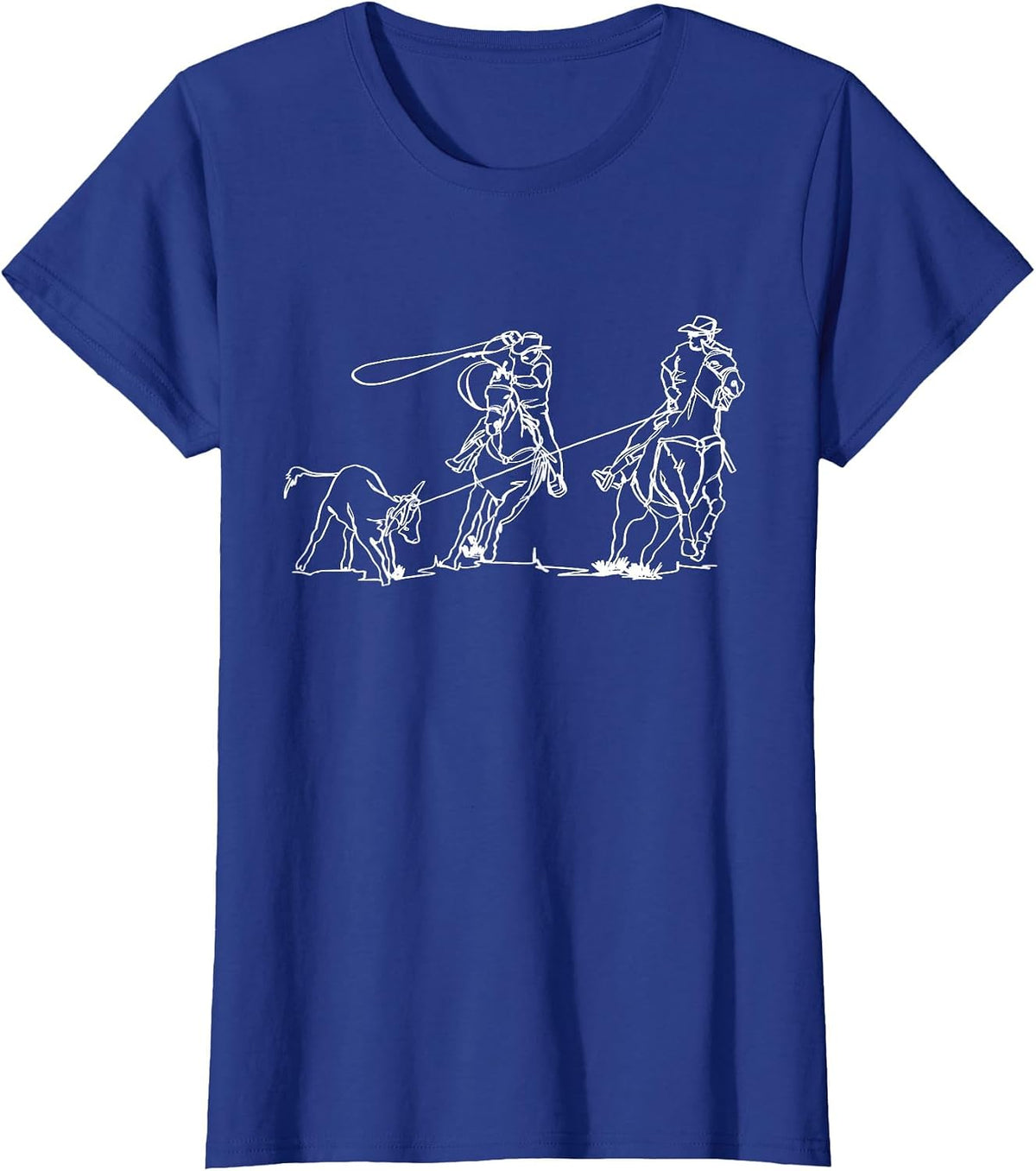 Team Roping Rodeo Cowboy Western Country One Line Art T-Shirt - Royal Blue