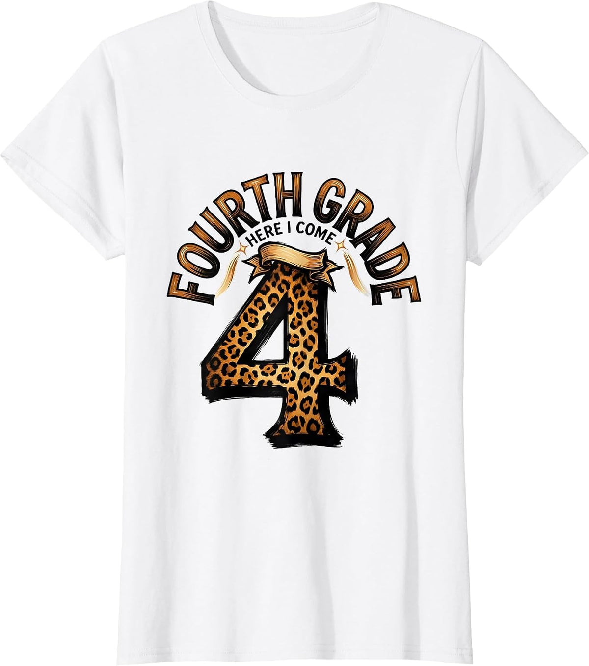 Women's Fourth Grade Here I Come Leopard Print Teacher Back T-Shirt - White