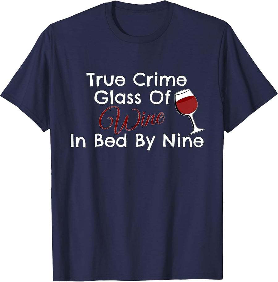 True Crime Glass of Wine in Bed By Nine T-Shirt - Navy Blue