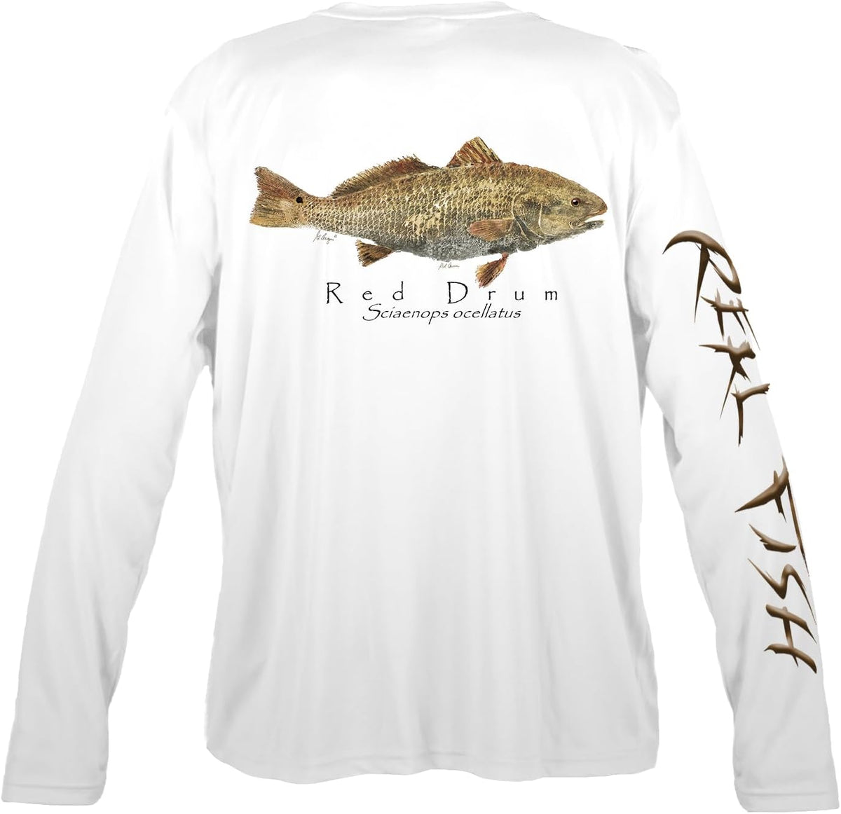 Realfish Red Drum Long Sleeve Performance Fishing Shirt, Sand with Fish Graphics - White