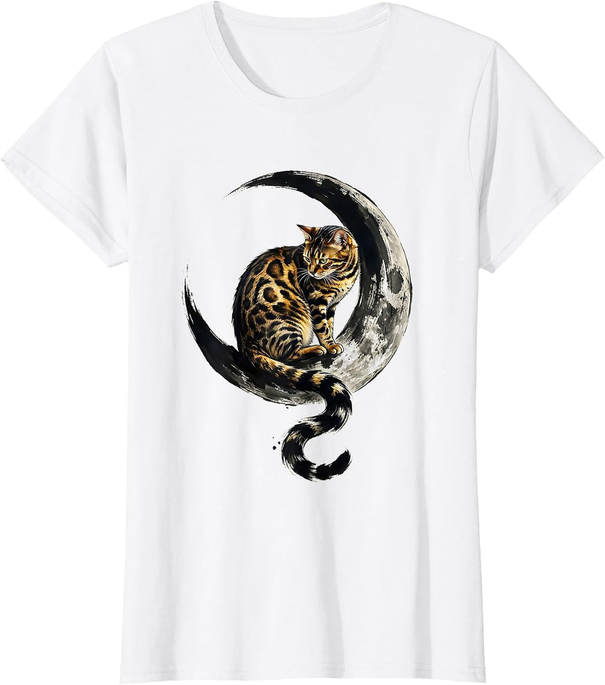 Women's Bengal Cat on Crescent Moon Lover Gift T-Shirt - White