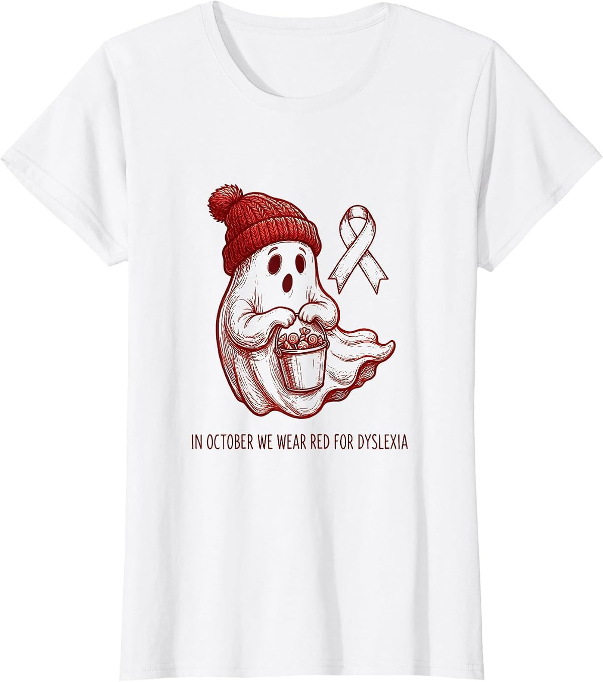 Women's In October We Wear Red for Dyslexia Line Art Dyslexia T-Shirt - White