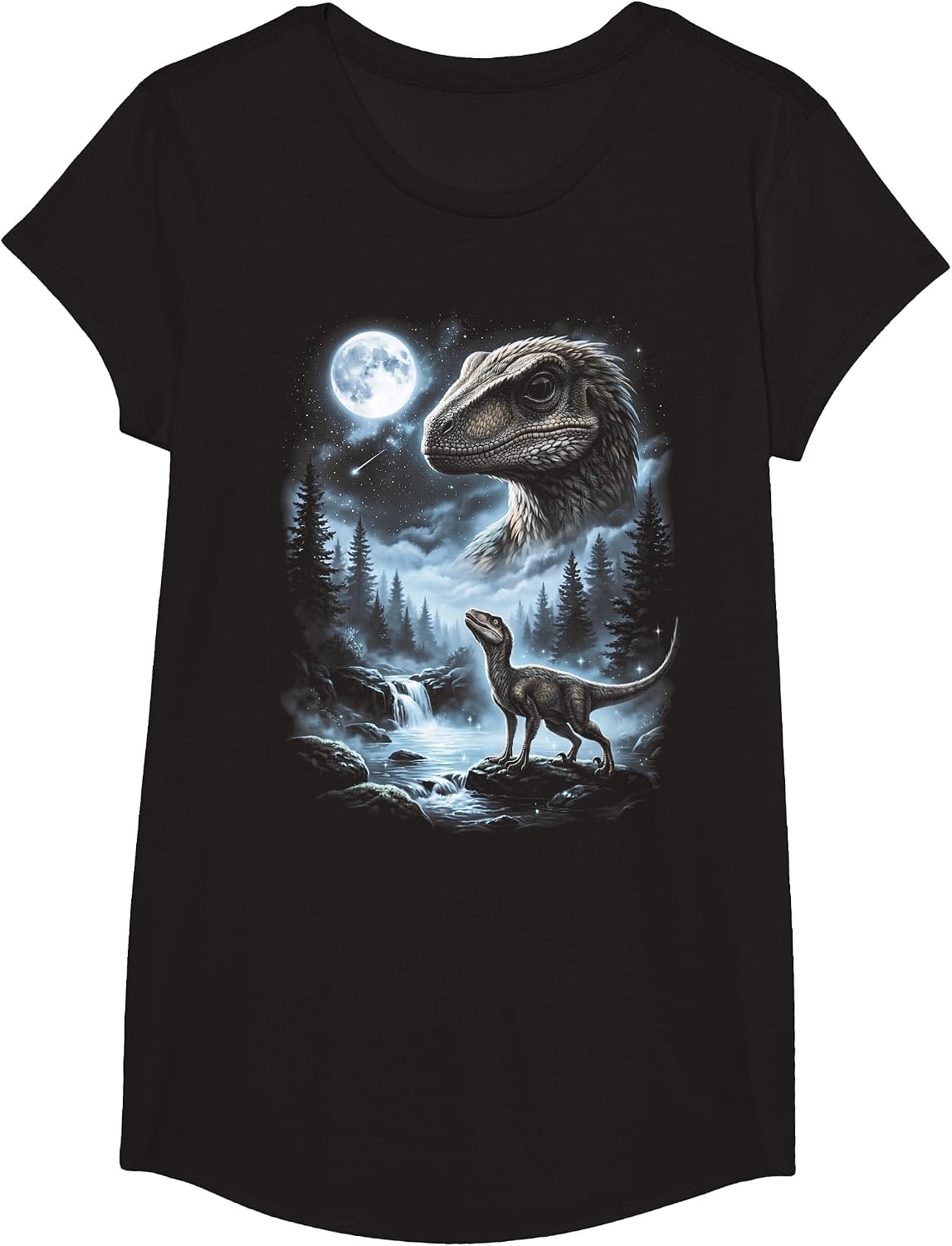 Velociraptor Howling at Moon 90's Retro Dinosaur T-Shirt - Girls Black
