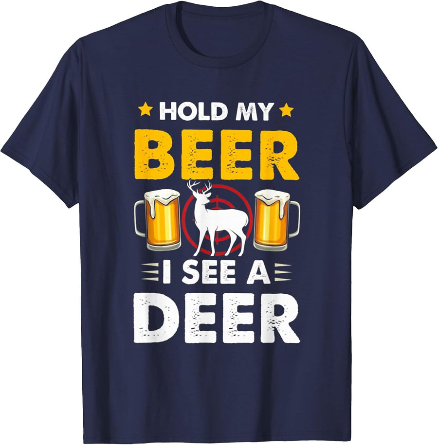 Hold My Beer I See A Deer Funny Hunting T-Shirt - Navy Blue