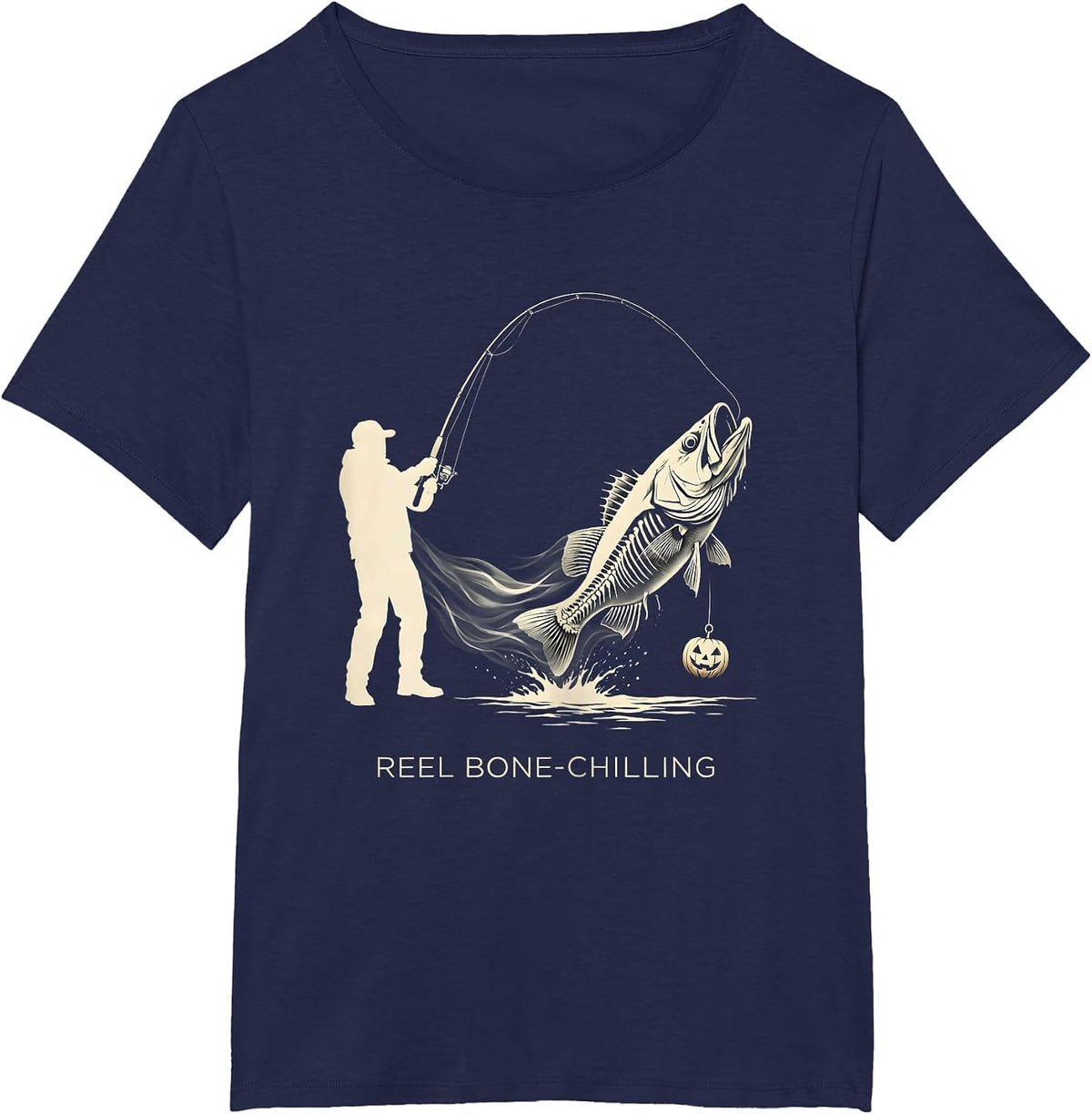 Women's Reel Bone-Chilling Silhouette Halloween Skeleton Fishing T-Shirt - Navy Blue