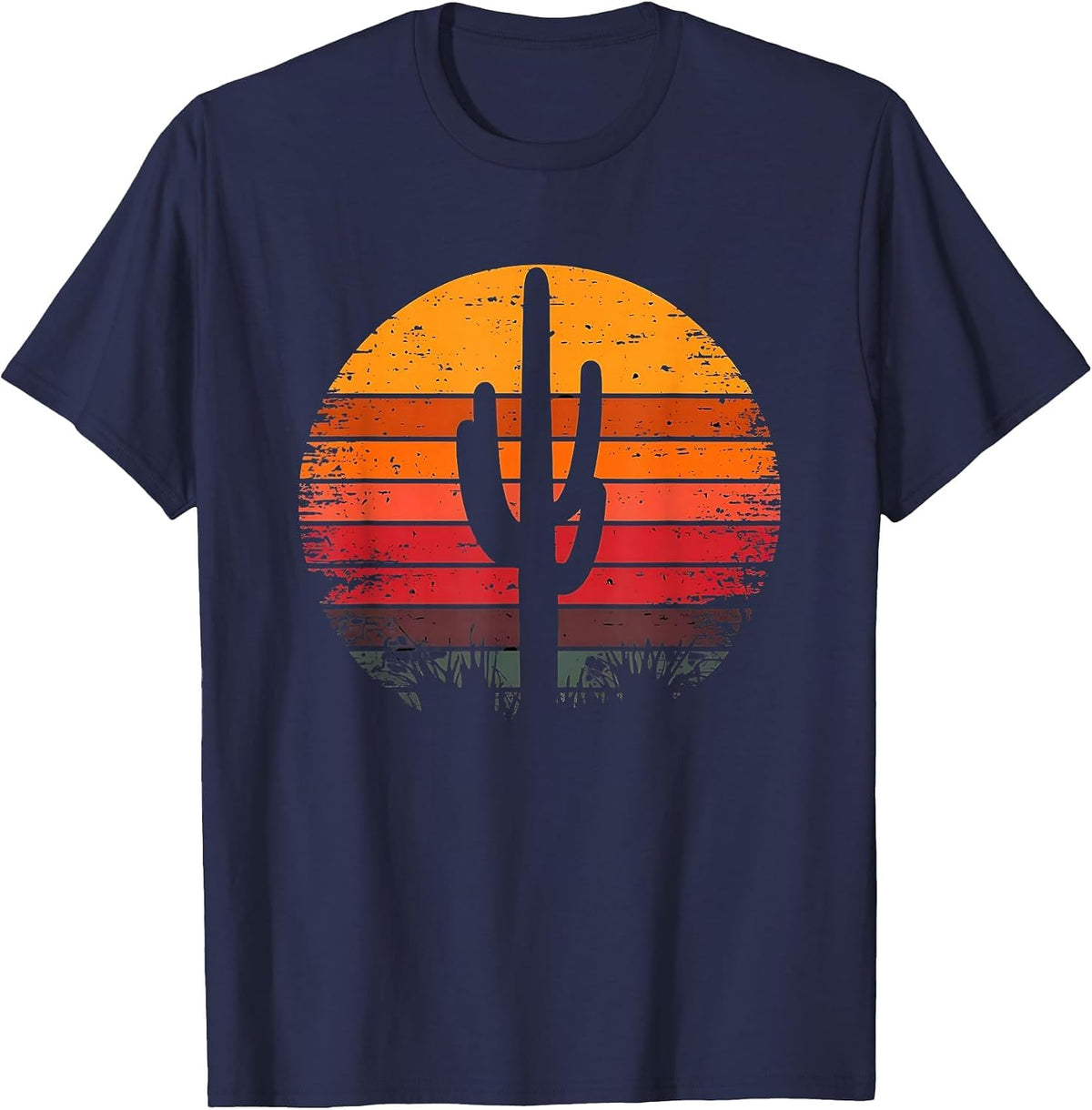 Retro Sunset Saguaro Cactus Vintage Desert Design Graphic T-Shirt - Navy Blue