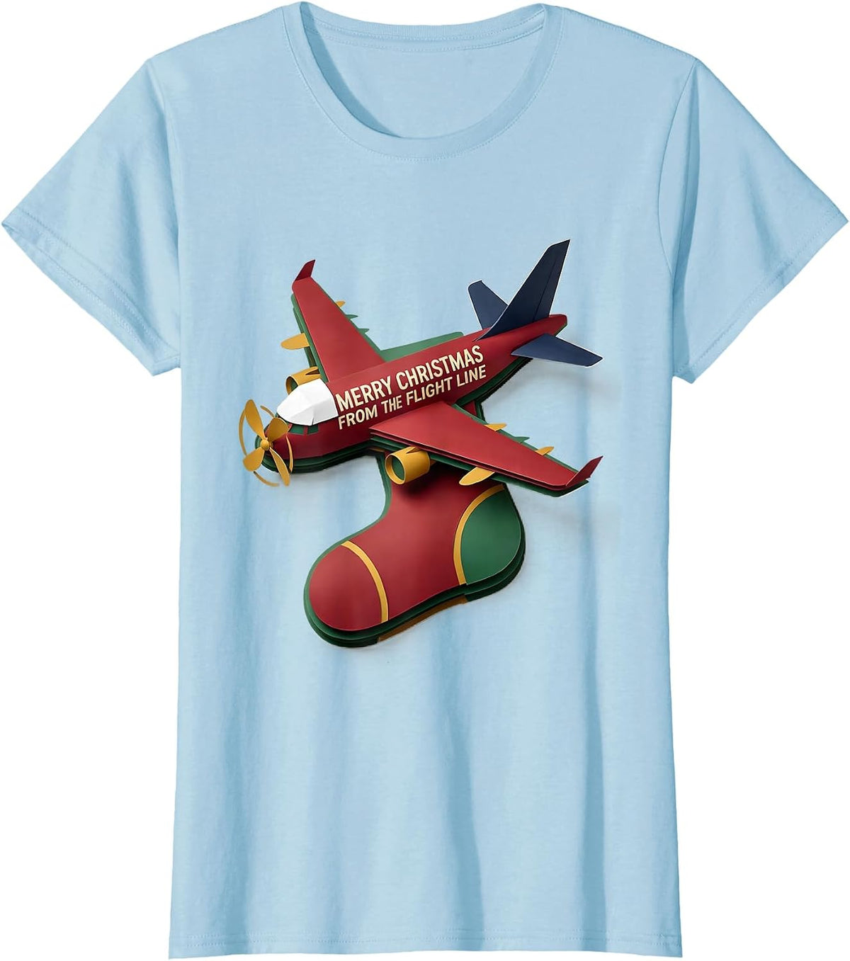 Women's Merry Christmas From The Flight Line Funny Pilot Aviation T-Shirt - Baby Blue