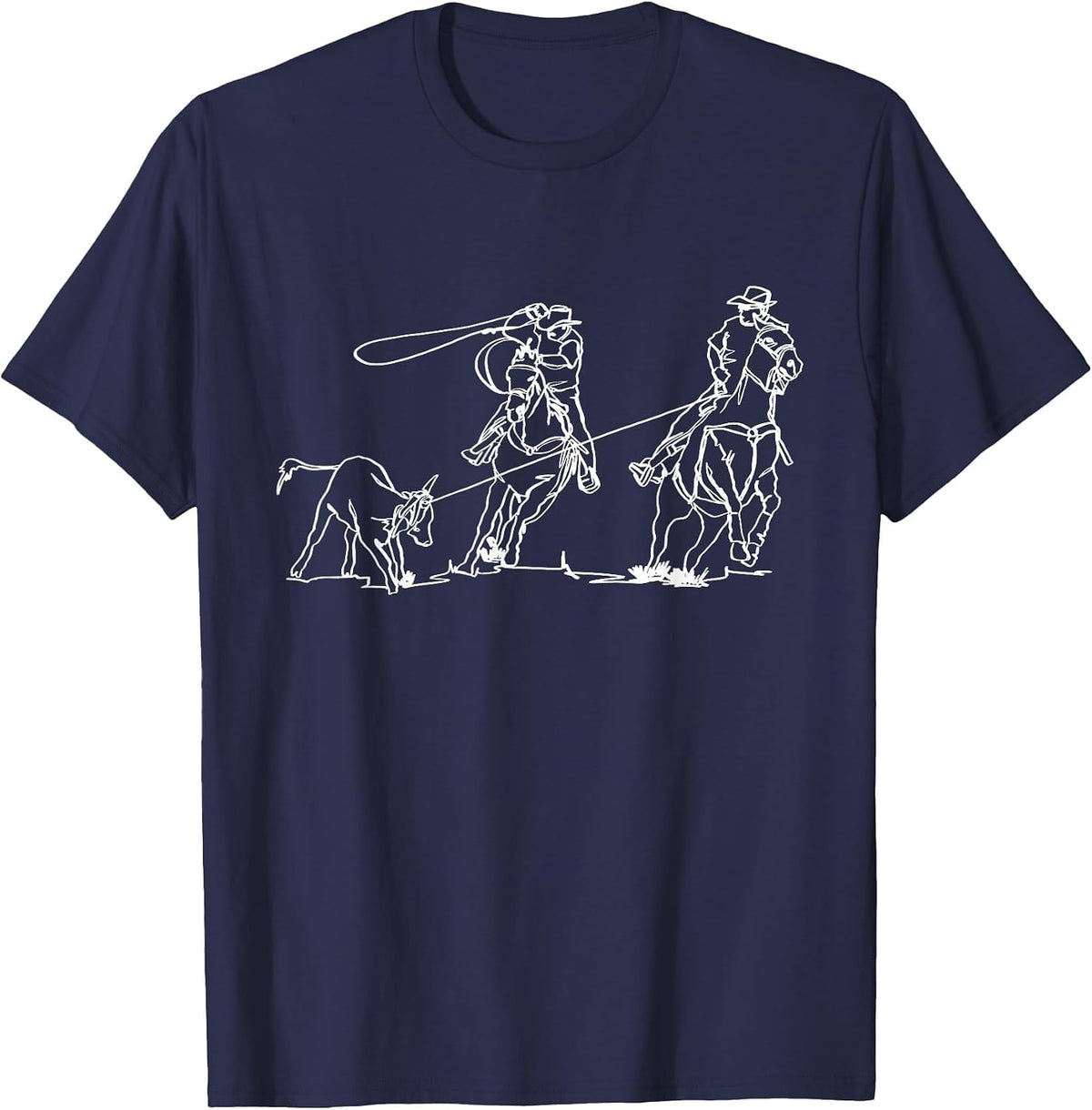 Team Roping Rodeo Cowboy Western Country One Line Art T-Shirt - Navy Blue