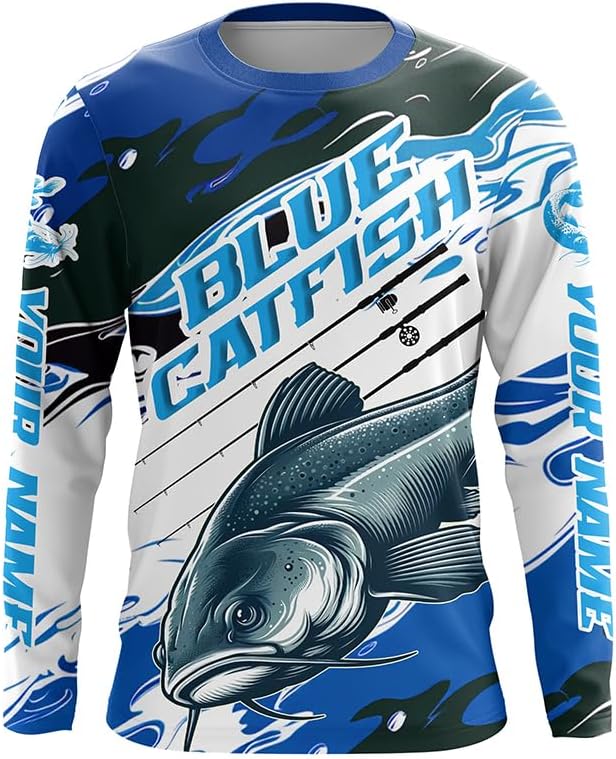 Custom Blue Catfish Fishing Jerseys, Catfish Long Sleeve Tournament Fishing Shirts | Blue Camo - Long Sleeves Upf