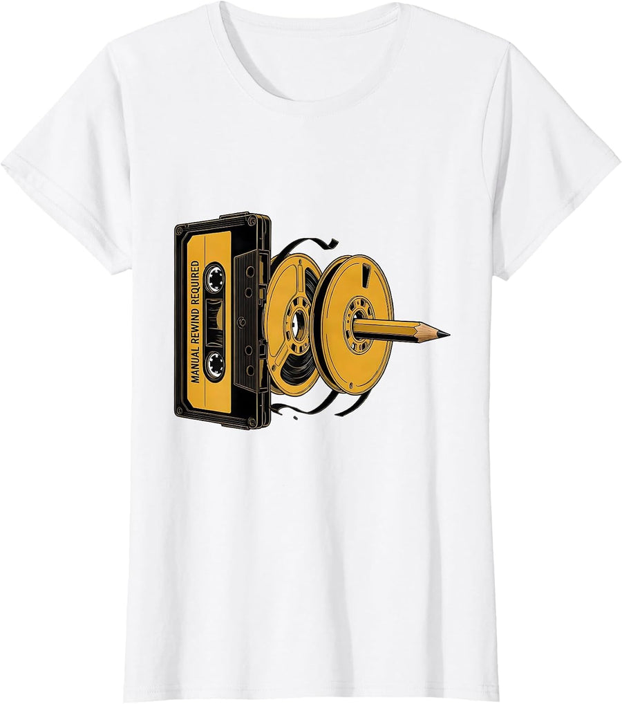 Women's Manual Rewind Required Retro Cassette Hip Hop Nostalgia T-Shirt - White