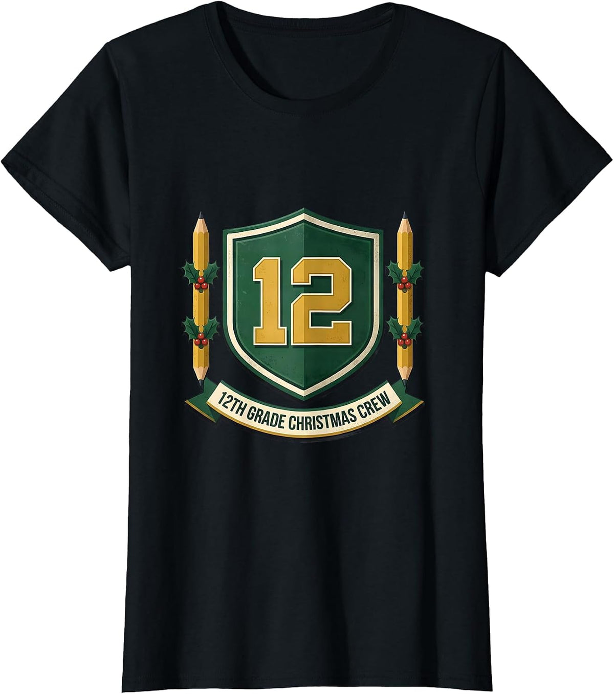 Women's 12th Grade Christmas Crew Emblem Teacher Holiday Humor T-Shirt - Black
