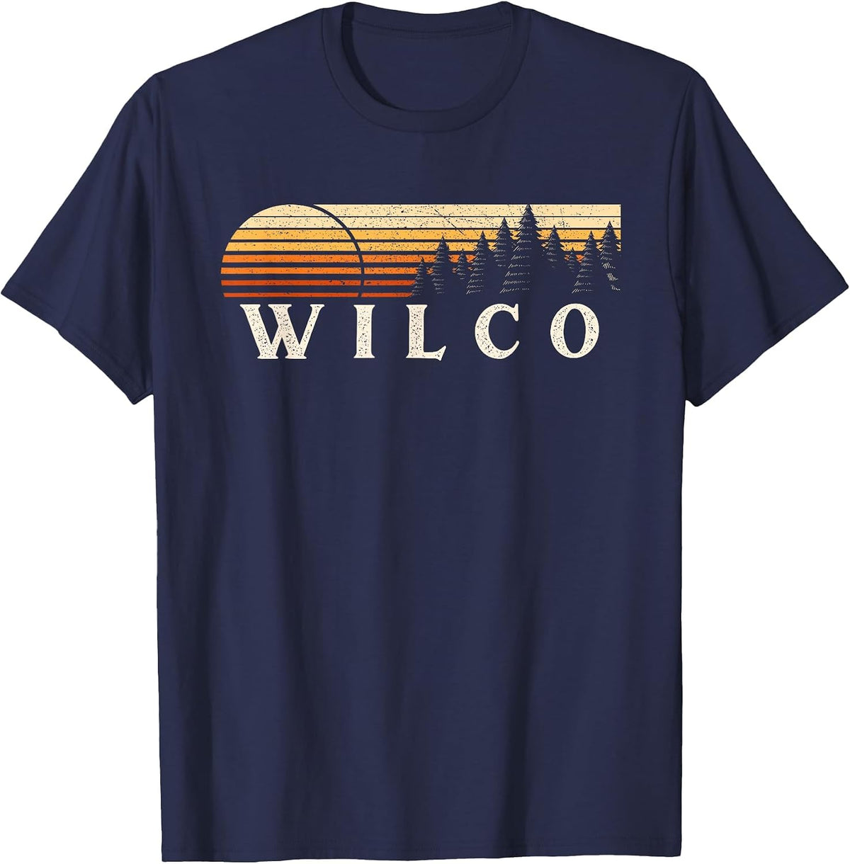 Wilco, TX Vintage Evergreen Sunset Eighties Retro T-Shirt - Navy Blue