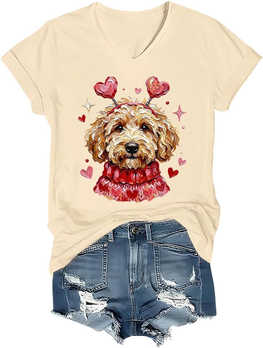 Goldendoodle Dog Valentine Shirt Cute Puppy Love T-Shirt Valentines Day Dog Lover Tee - V-Neck Creamy Yellow-vt-1