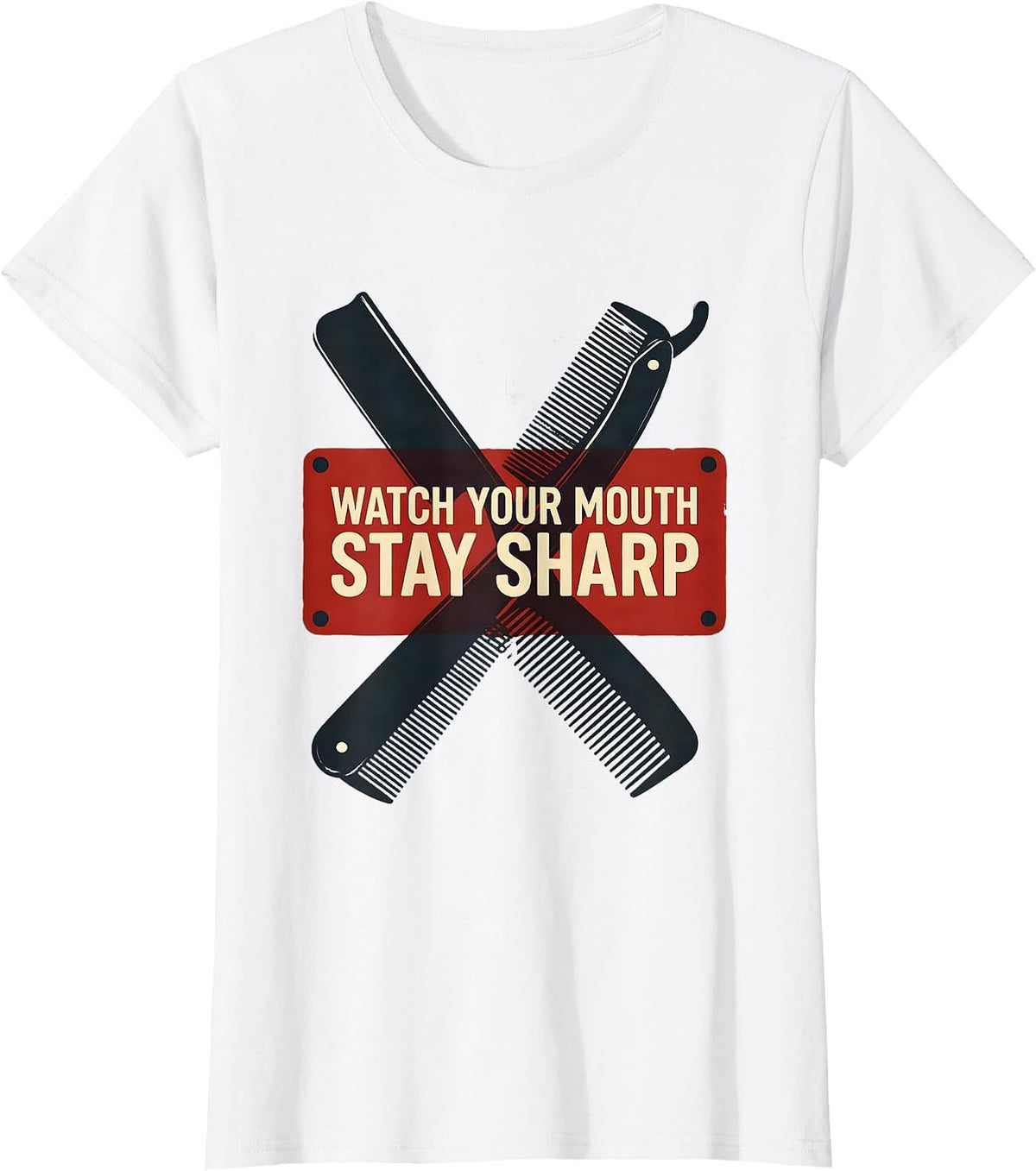 Women's Watch Your Mouth Stay Sharp Funny Barber Bald Men Humor T-Shirt - White
