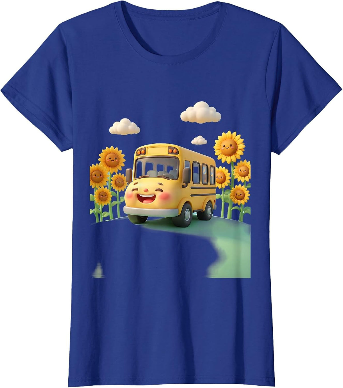 Women's Elementary Teacher School Bus Sunflower Field T-Shirt - Royal Blue