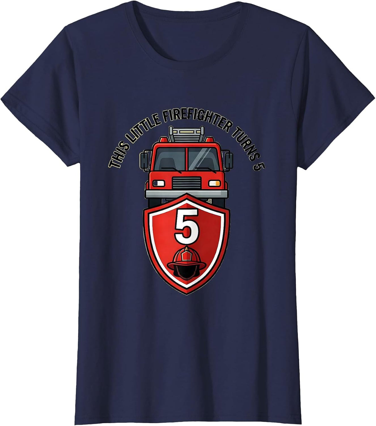 Women's This Little Firefighter Turns 5 Playful Fire Truck Birthday T-Shirt - Navy Blue