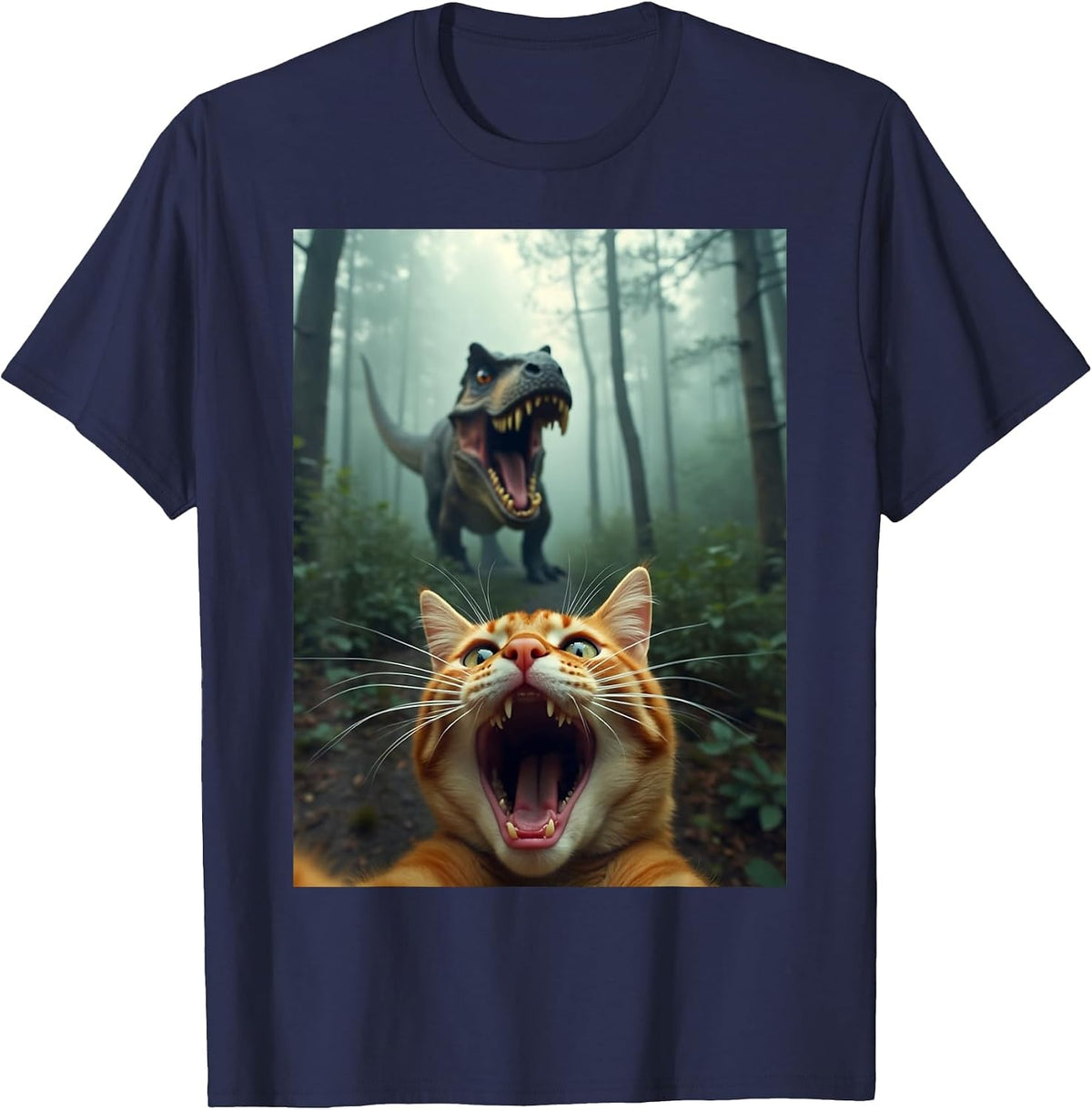 Cat Selfie with T-Rex Dinosaur T-Shirt - Navy Blue
