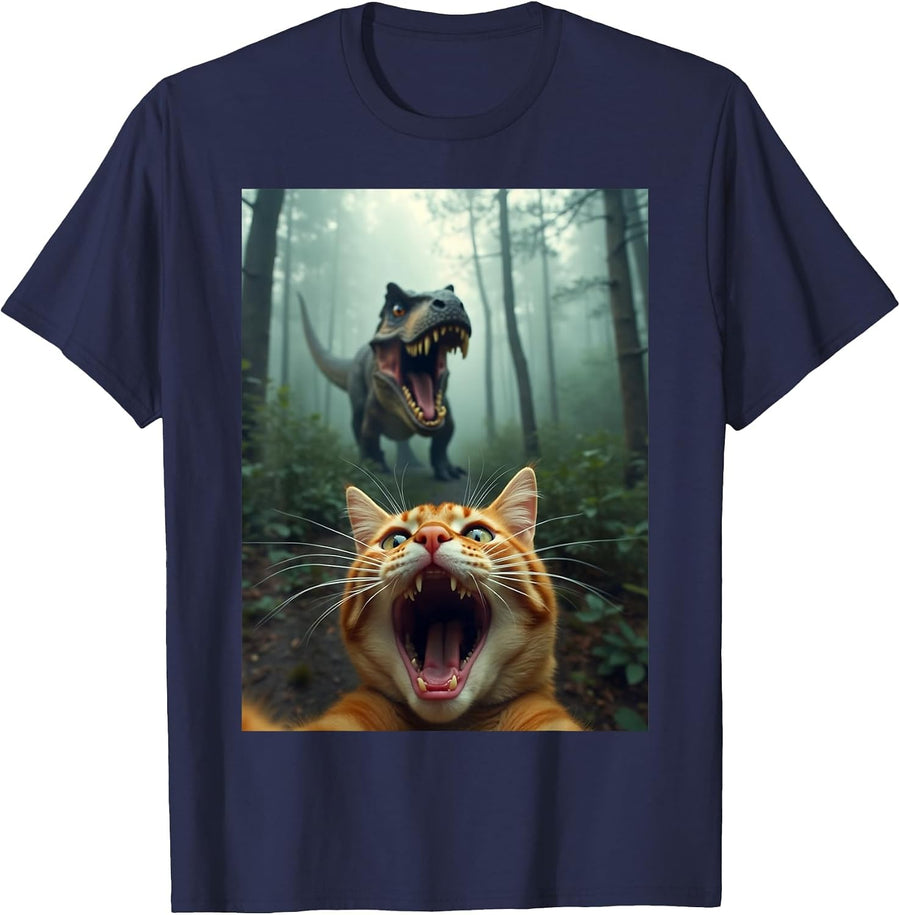 Cat Selfie with T-Rex Dinosaur T-Shirt - Navy Blue