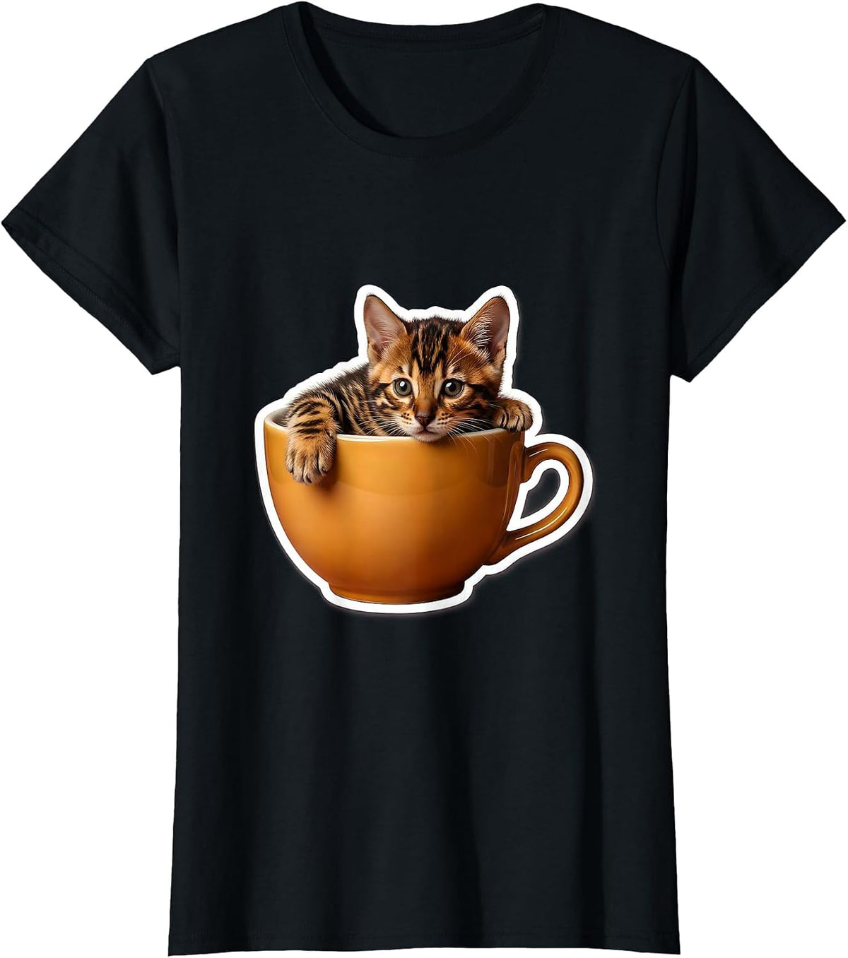 Bengal Cat Kitten in Teacup Cute Wholesome Gift T-Shirt - Black