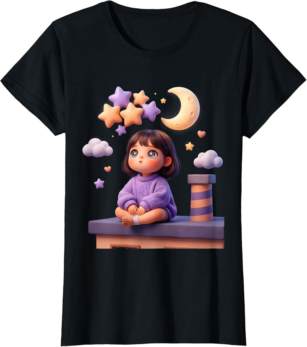 Women's Rooftop Stargazing Night Sky Dreamer Graphic T-Shirt - Black