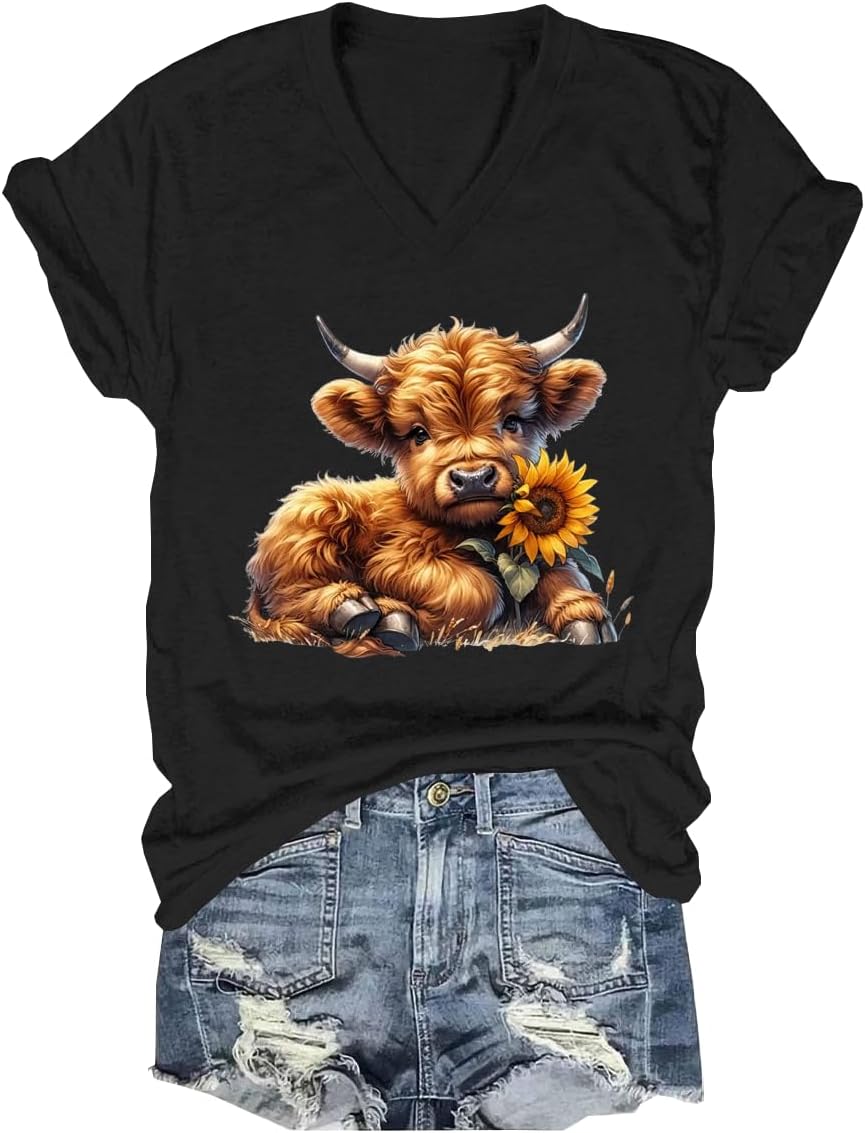 Highland Cow Shirt Cut Sunflower Highland Cow Shirt V Neck - V-Neck Black5