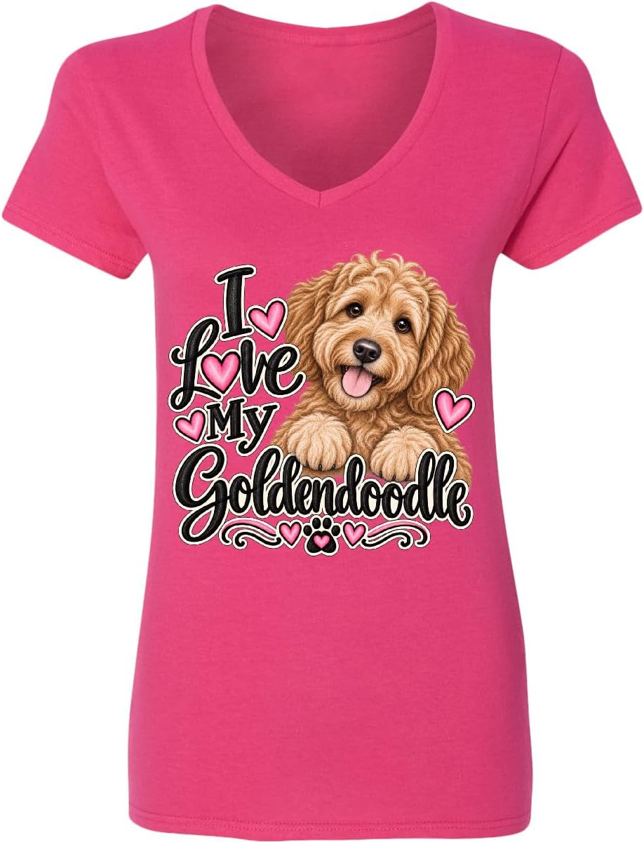 inktastic I Love My Goldendoodle Dog Women's V-Neck T-Shirt - Cyber Pink