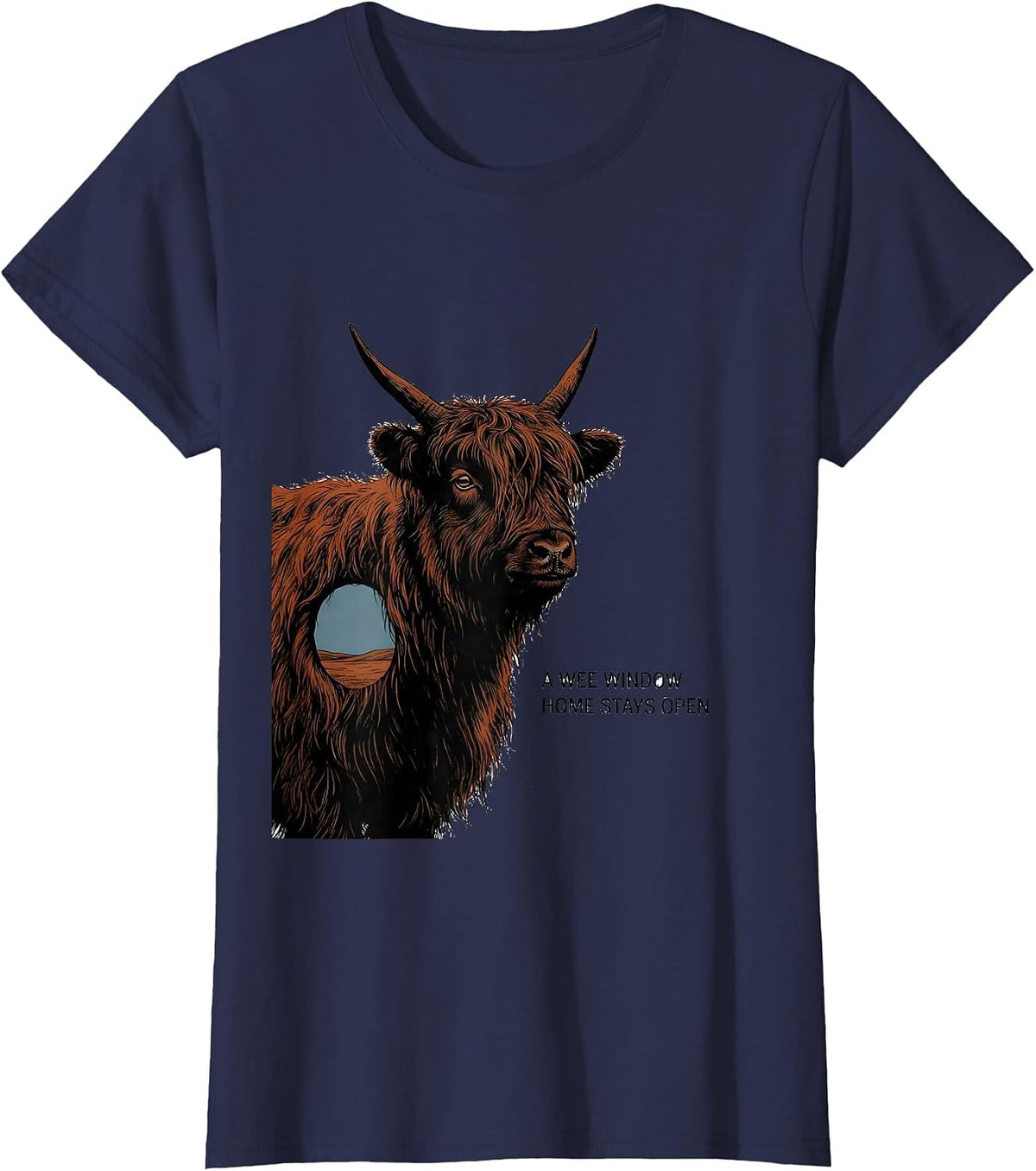 Women's A Wee Window Home Stays Open Cute Highland Cow Scottish T-Shirt - Navy Blue